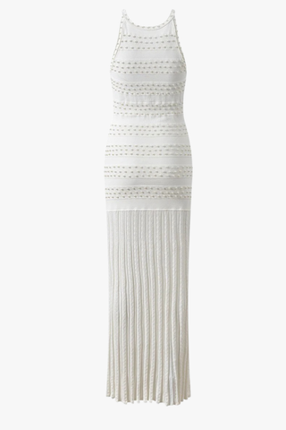 Pearl-Embellished Knit Long Dress – Sleeveless with Pleated Hem