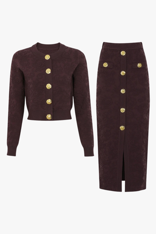 Textured Knit Button Cardigan & Midi Skirt Set