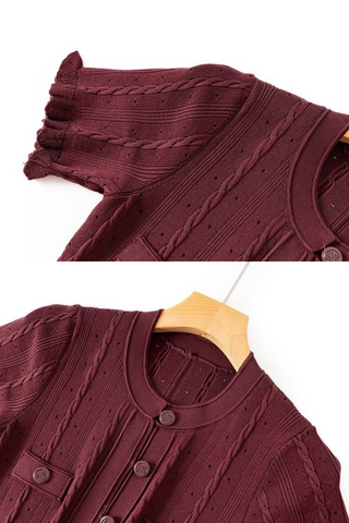 Short Sleeve Knitted Midi Dress with Front Buttons and Pocket Detail