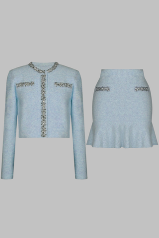 Crystal-Embellished Soft Wool Set – Cropped Jacket and Ruffled Mini Skirt