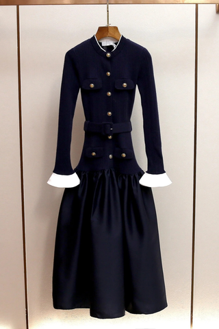 Long-Sleeve Knit Top With Belted Waist & Satin Maxi Skirt Design