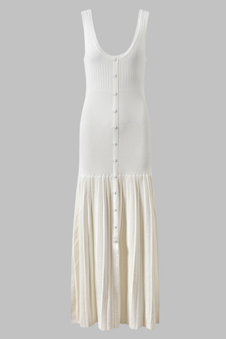 Sleeveless Ribbed Knit Long  Dress with Button-Front & Flared Hem