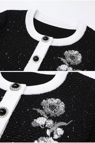 Knitted Sequin Floral Embellished Cardigan and High-Waist Pencil Skirt Set