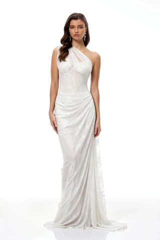One-Shoulder Lace Long Dress with Sculpted Corset Fit
