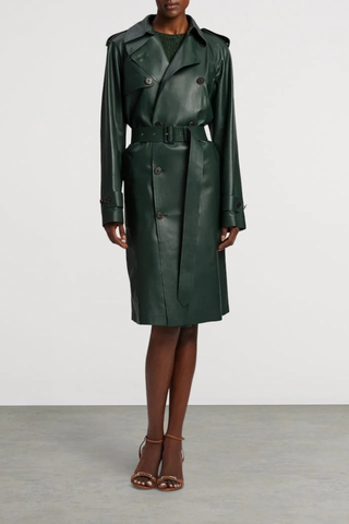 Long Sleeve Double-Breasted Faux Leather Trench Coat with Belt