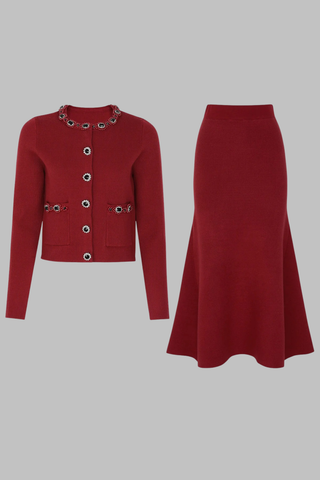 Embellished Pearl and Rhinestone Knit Cardigan with Matching Flared Midi Skirt Set