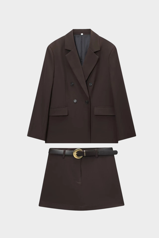 Woven Blazer & Mini Skirt Set – Double-Breasted Design, Long Sleeve Blazer