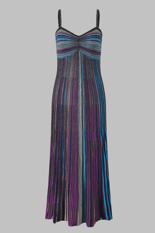Aurora Nights Metallic Pleated Stripe Spaghetti Strap Maxi Dress