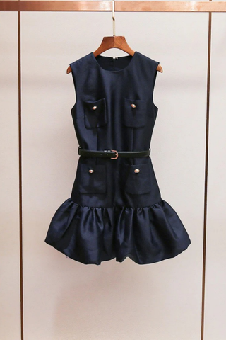 Sleeveless Mini Dress with Ruffle Hem – Satin Fabric & Pocket Detail