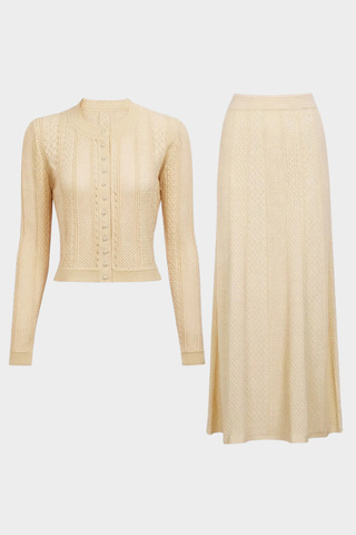 Two-Piece Textured Knit Set – Pearl-Button Cardigan & Flared Maxi Skirt
