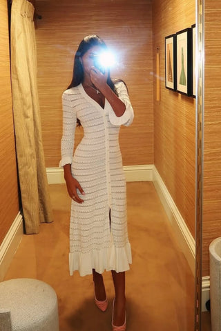 Long Sleeve Textured Knit Long Dress with Button Front & Rhinestone Embellishments