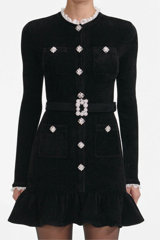 Round Neck Slim-Fit Wool-Blend Mini Dress with Crystal Embellished Buttons