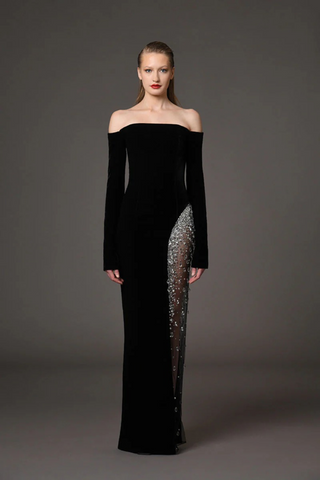 Off-Shoulder Long Sleeve Long Dress with Crystal-Embellished Sheer Panel