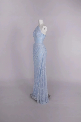 One-Shoulder Lace Long Dress with Sculpted Corset Fit