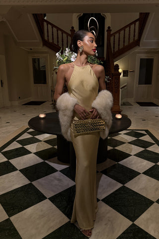 Satin Halter Long Dress with Crystal Open Back Detail