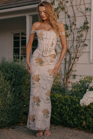 Floral Chiffon Corset Long Dress with Lace Strap Detail and Structured Bodice Design