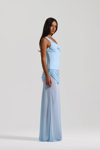 Draped Asymmetric Mesh Long Dress