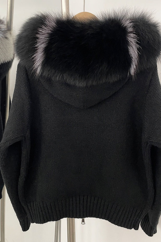 Faux Fur Trimmed Knitted Hooded Cardigan