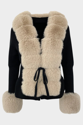 Long Sleeve Knitted Jacket with Faux Fur Trim – Tie-Front Design