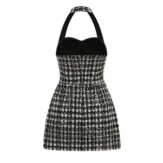 Tweed Halter Neck Button Mini Dress
