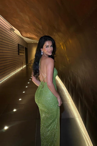 Sparkly Halter Long Dress with Open Back, Bodycon Fit & Rhinestone Details