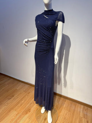 Crystal Draped Cape Neck Short Sleeve Long Dress