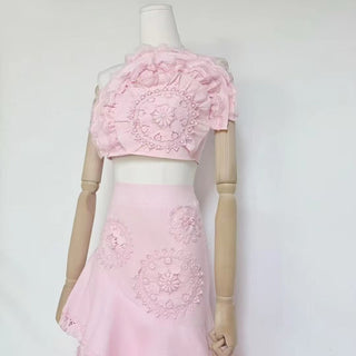 Strapless Lace Appliqué Crop Top & Tiered Asymmetric Long Skirt Set