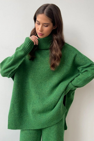 Soft Knit Two-Piece Set with Long-Sleeve Turtleneck and Relaxed Pants