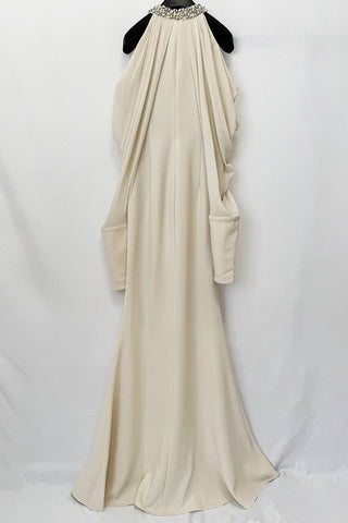Crystal Embellished Halter Neck Draped Cold Shoulder Mermaid Long Dress