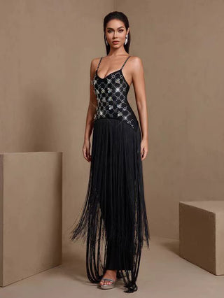 Embellished Fringe Strap Long Dress