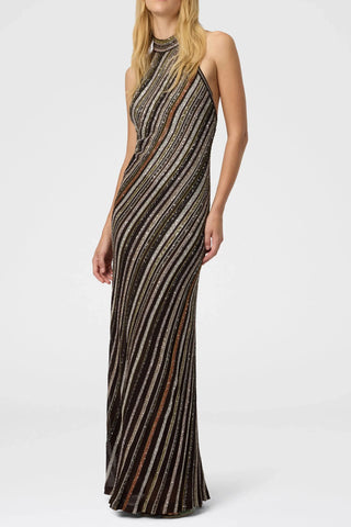Halter Neck Open-Back Striped Knit Long Evening Dress