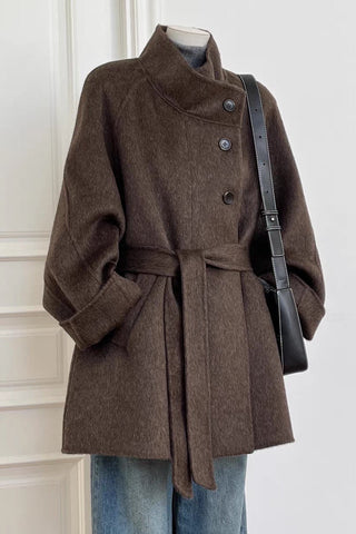 Belted Wool-Blend Coat with High Collar, Button Closure, and Relaxed Fit