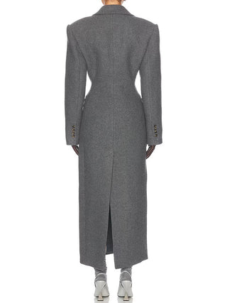Tailored Button-Front Long Coat – Structured Waist Wool-Blend Style