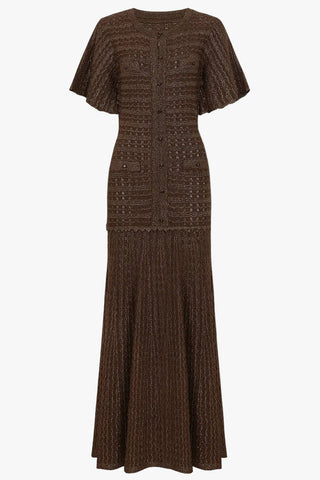 Crystal Embellished Textured Knit Short Sleeve Long Dress