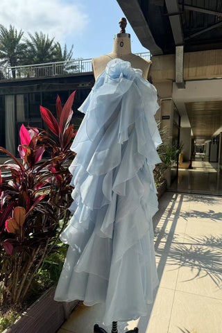 Floral Ruffle Organza Long Dress with Halter Neck