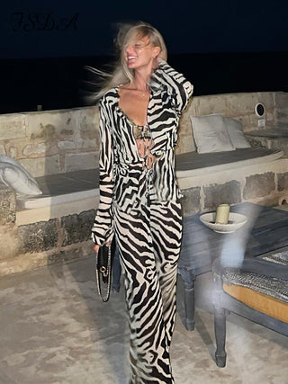 Zebra Print Tie-Front Two Piece Set with Long Sleeve Top & Wide Leg Pants