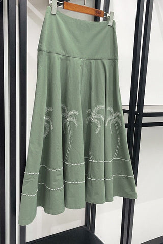 Scallop Cap Sleeve Embroidered Cropped Top & High Waist A-Line Midi Skirt Set
