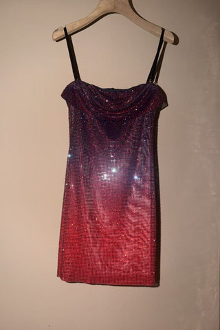 Crystal Embellished Cowl Neck Spaghetti Strap Mini Dress