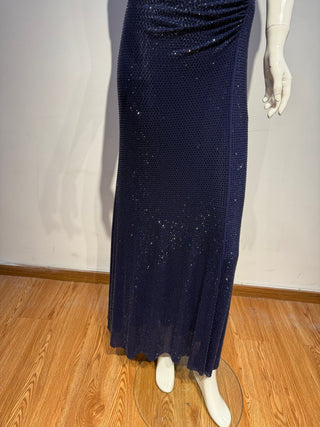 Crystal Draped Cape Neck Short Sleeve Long Dress