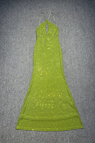 Sparkly Halter Long Dress with Open Back, Bodycon Fit & Rhinestone Details