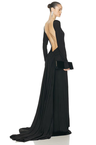 Stretch Jersey Open-Back Draped Long Dress