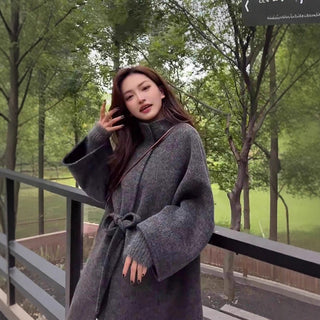 Oversized Belted Wool-Blend Coat with High Neck
