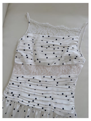 Polka Dot Lace Panel Ruched Midi Dress