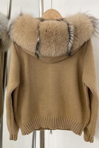 Faux Fur Trimmed Knitted Hooded Cardigan
