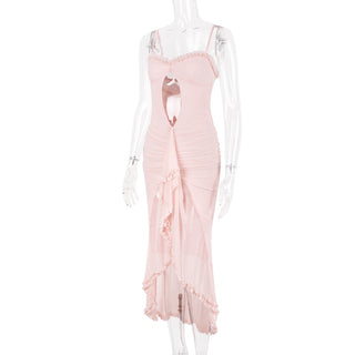 Sleeveless Stretch Mesh Long Dress with Front Cut-Out