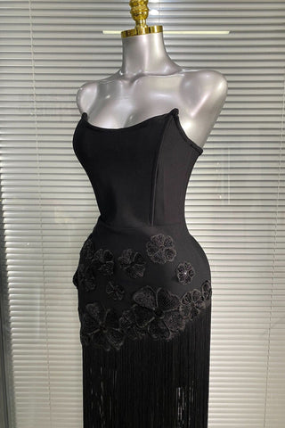 Strapless Floral Appliqué Fringe Long Dress with Bodycon Silhouette