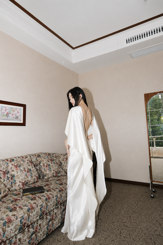 Satin Cape Sleeve Open Back Long Dress
