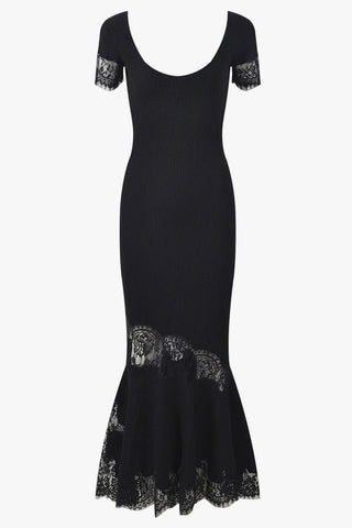 Ribbed Knit Scoop Neck Short Sleeve Long Dress with Lace Trim & Flared Hem