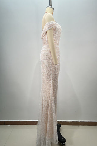 Off-Shoulder Sequin Draped & Ruched Long Evening Dress