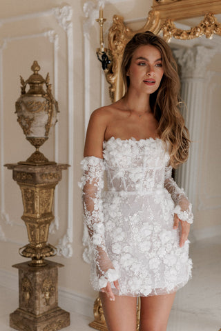 Floral Appliqué Corset Mini Dress with Lace Sleeves